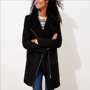 LOFT Fleece Trim Moto Jacket Coat Black